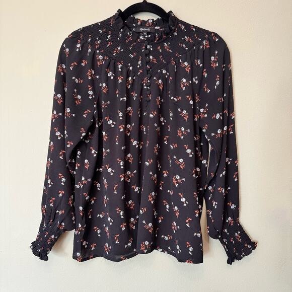 Madewell Top Women XS Black Tossed Floral Smock Neck Crinkled Long Sleeves - Picture 2 of 14